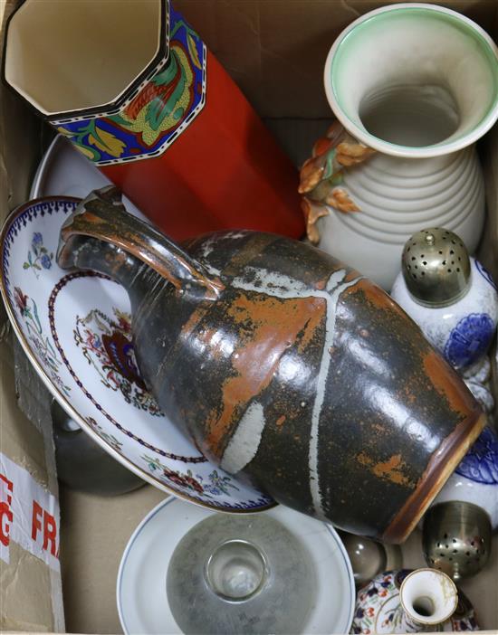 A Clarice Cliff vase, an armorial plate, etc